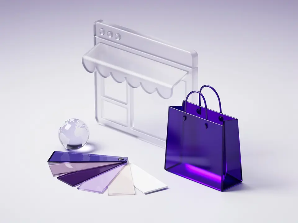 A glass online shop window with a purple shopping bag, a globe and colour swatches
